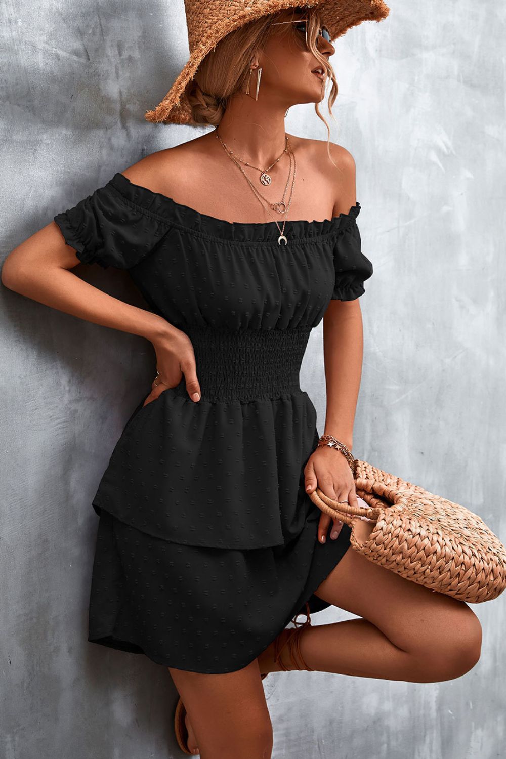 Swiss Dot Layered Off-Shoulder Smocked Dress