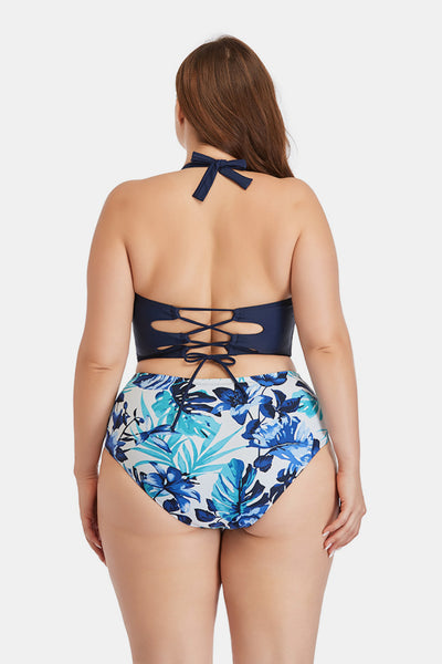 Plus Size Floral Lace-Up Halter Neck Bikini Set