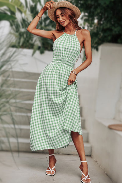 Plaid Smocked Tie Back Sleeveless Midi Dress