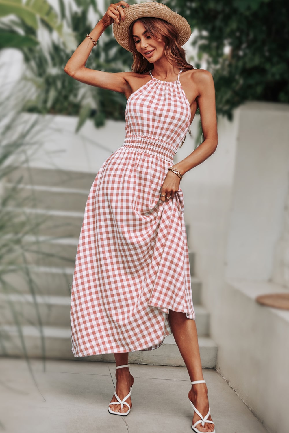 Plaid Smocked Tie Back Sleeveless Midi Dress