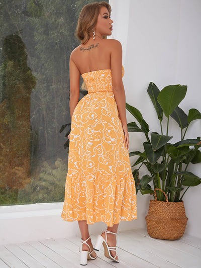 Printed Cutout Ruffle Hem Strapless Maxi Dress