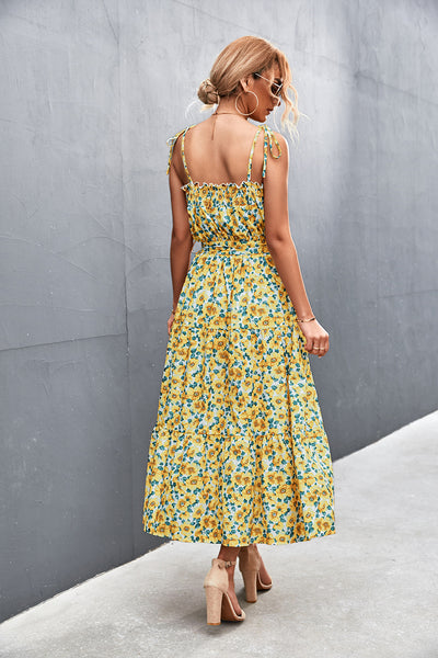 Floral Tie-Shoulder Belted Midi Dress