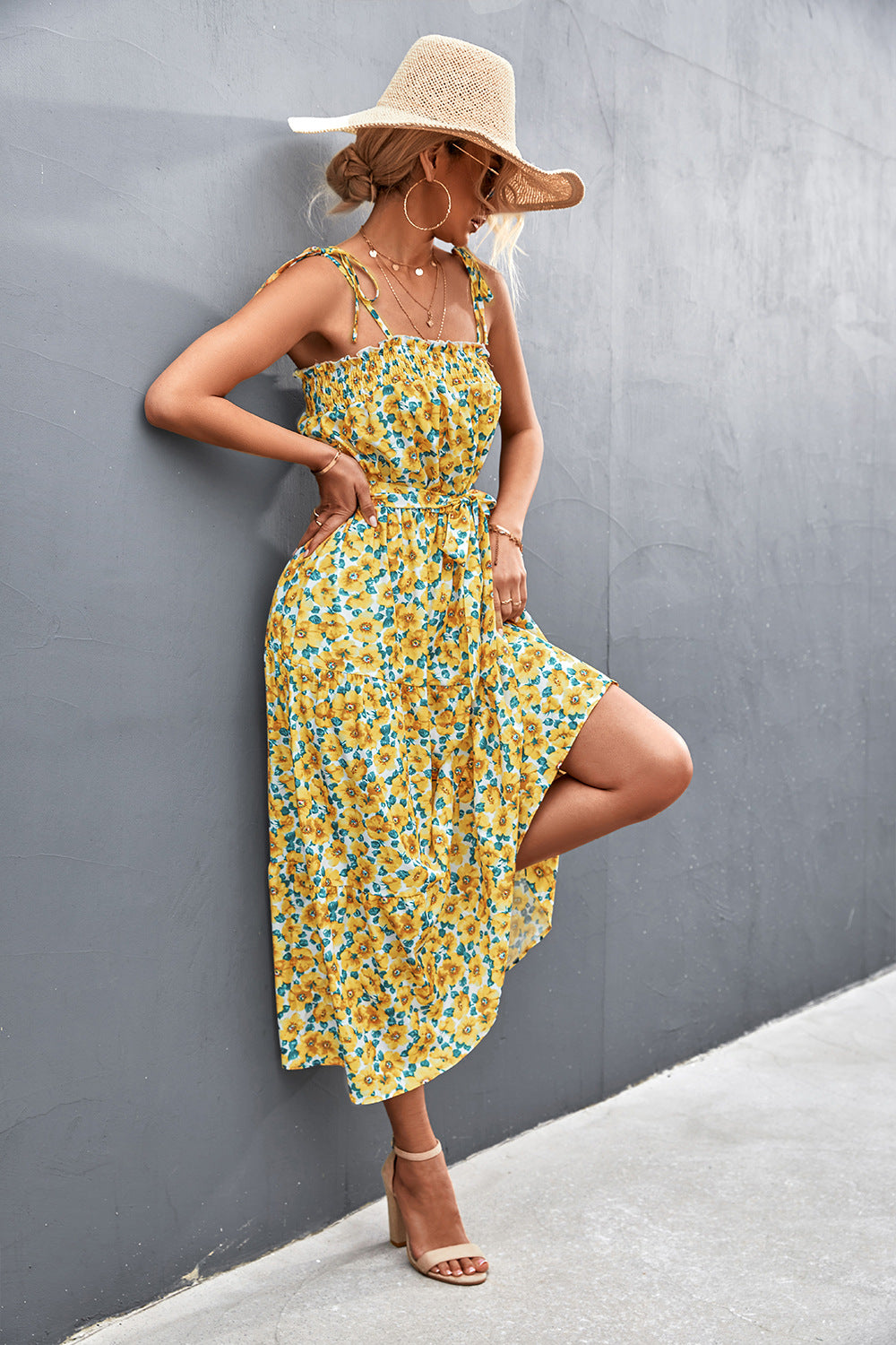 Floral Tie-Shoulder Belted Midi Dress