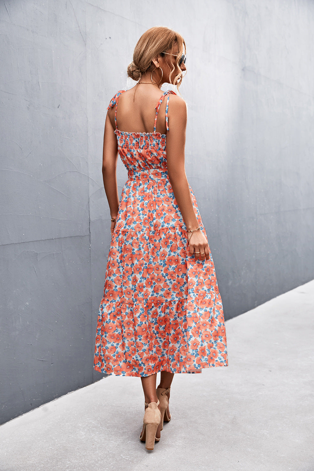 Floral Tie-Shoulder Belted Midi Dress