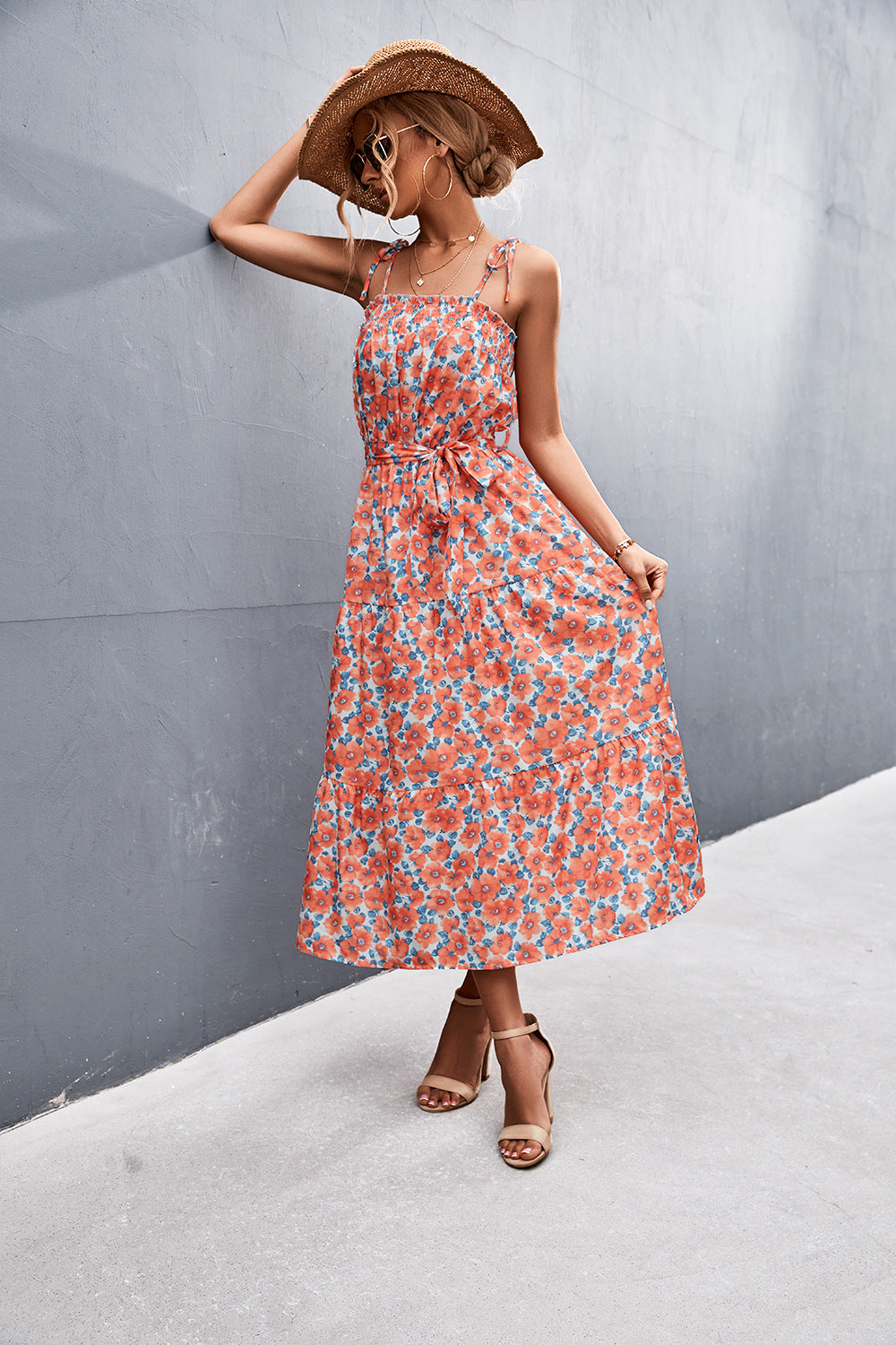 Floral Tie-Shoulder Belted Midi Dress