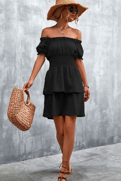 Swiss Dot Layered Off-Shoulder Smocked Dress