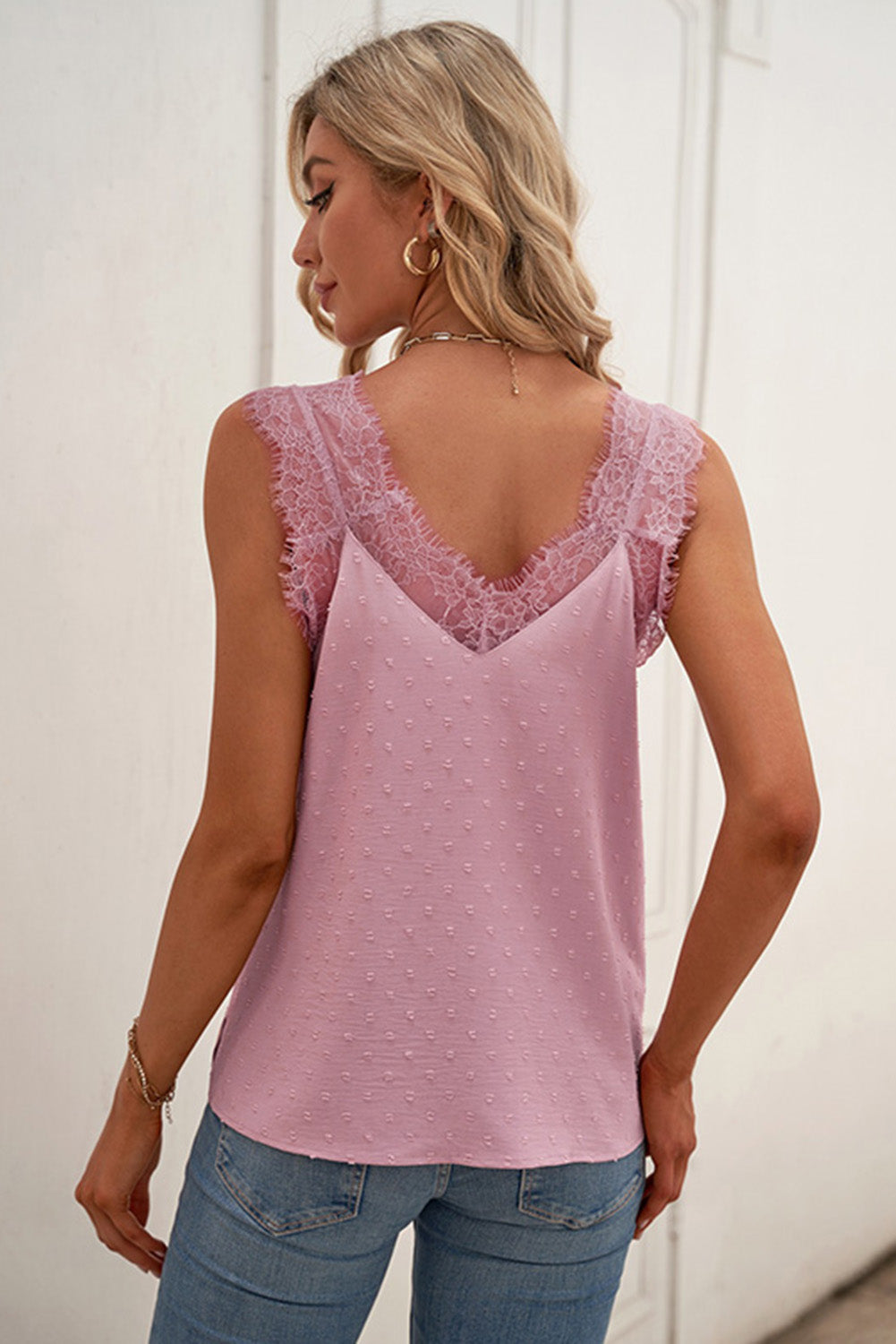 Swiss Dot Lace Trim V-Neck Tank