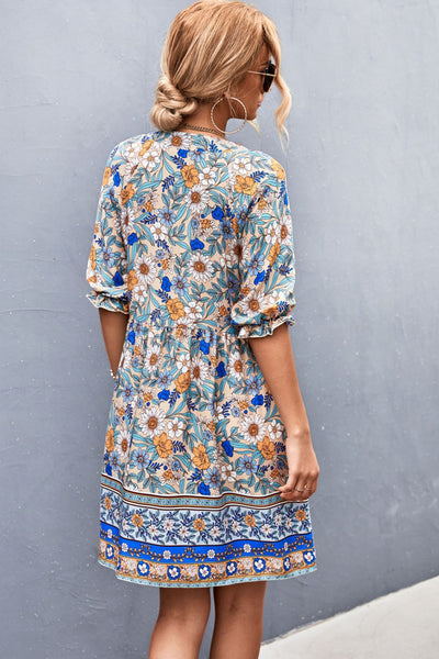 Bohemian Notched Half Sleeve Mini Dress