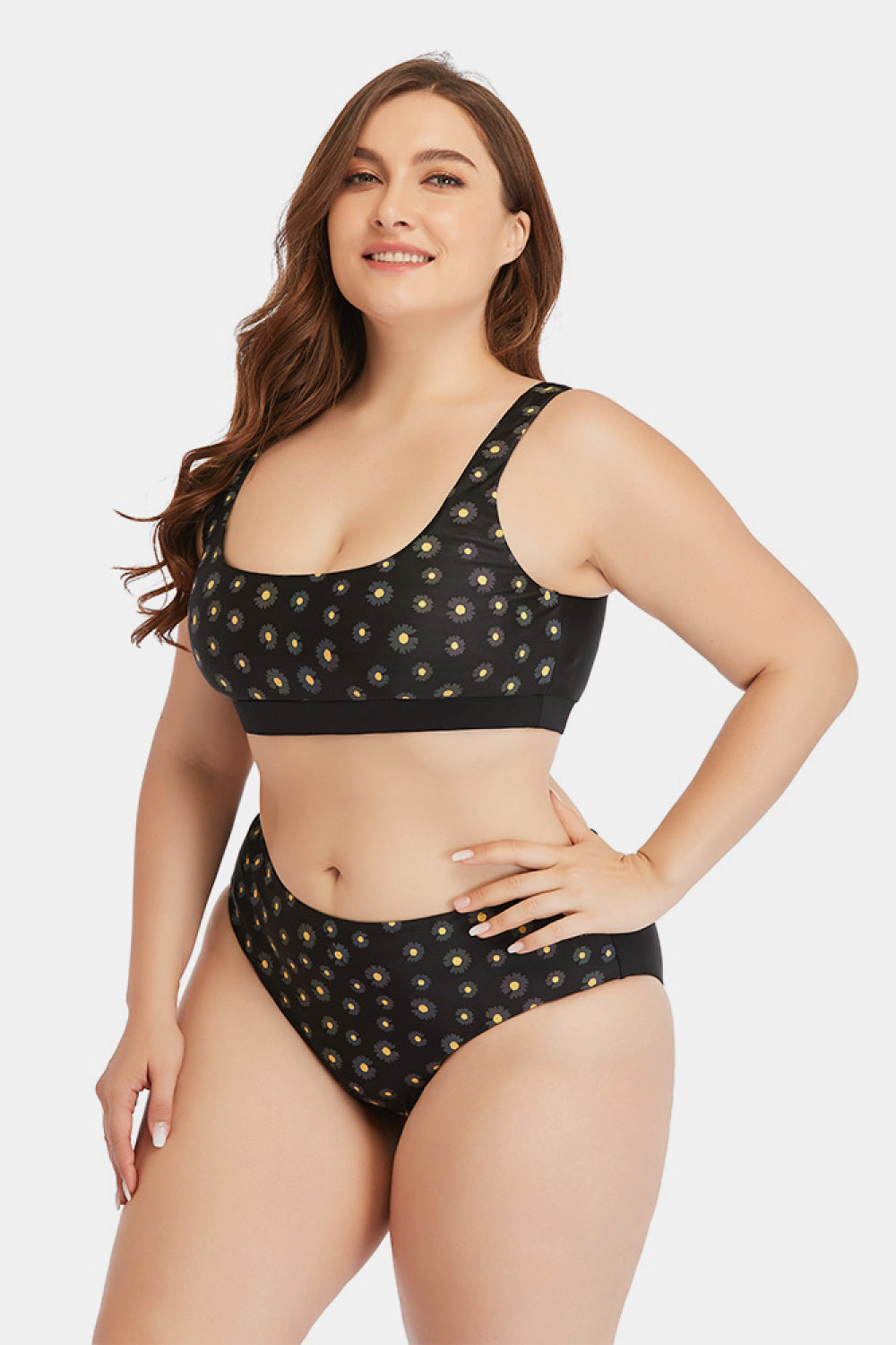 Plus Size Daisy Print Color-Changing Scoop Neck Bikini Set