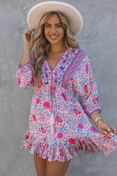 Bohemian Ruffle Hem Drawstring Waist Mini Dress