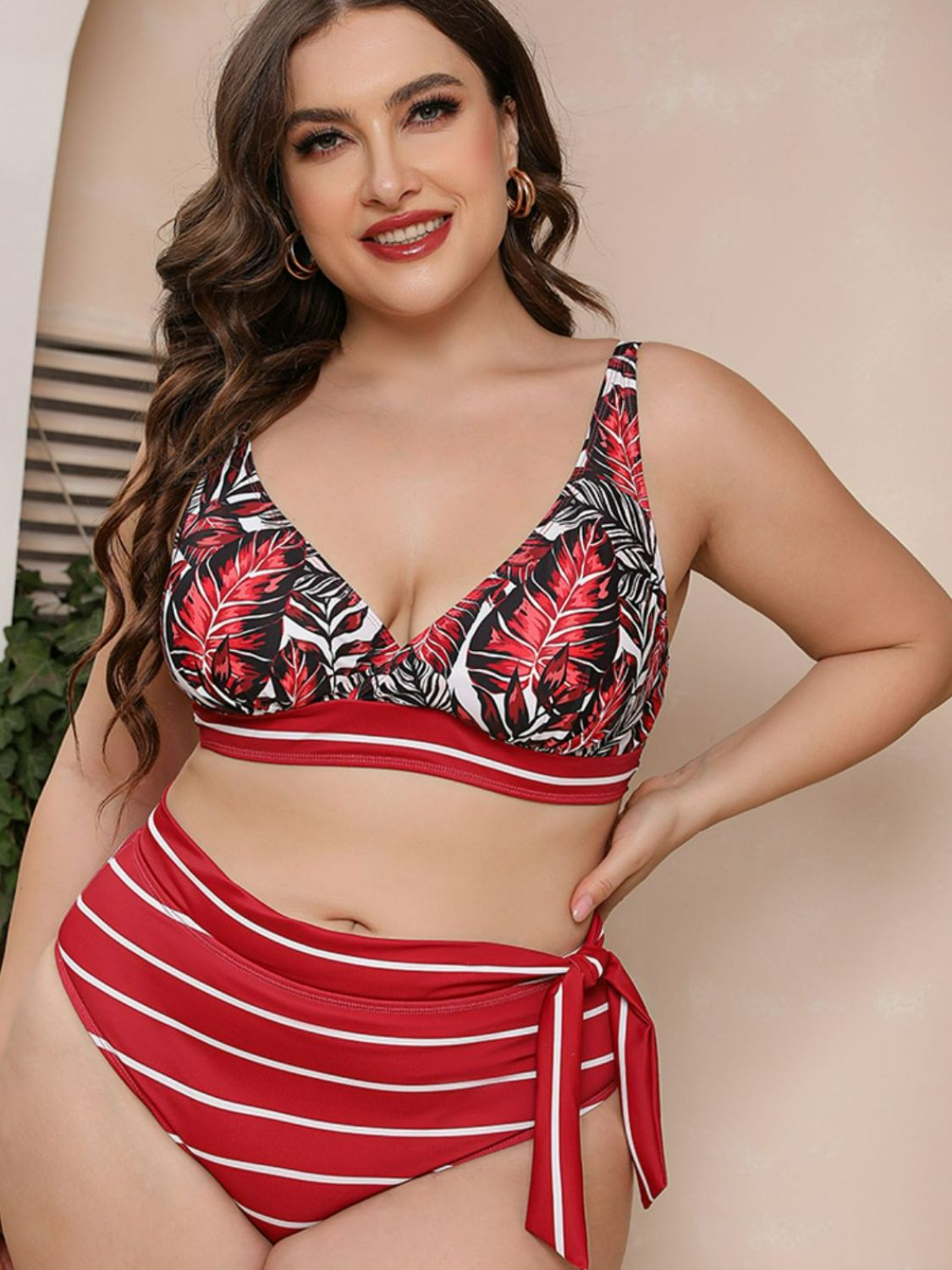 Full Size Botanical Print Striped Bikini Set