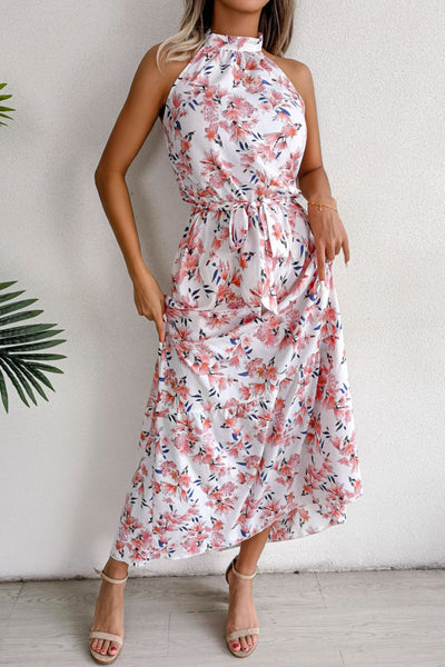 Floral Tie Waist Backless Maxi Dress