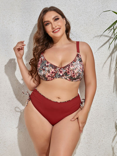 Plus Size Printed V-Neck Drawstring Bikini Set