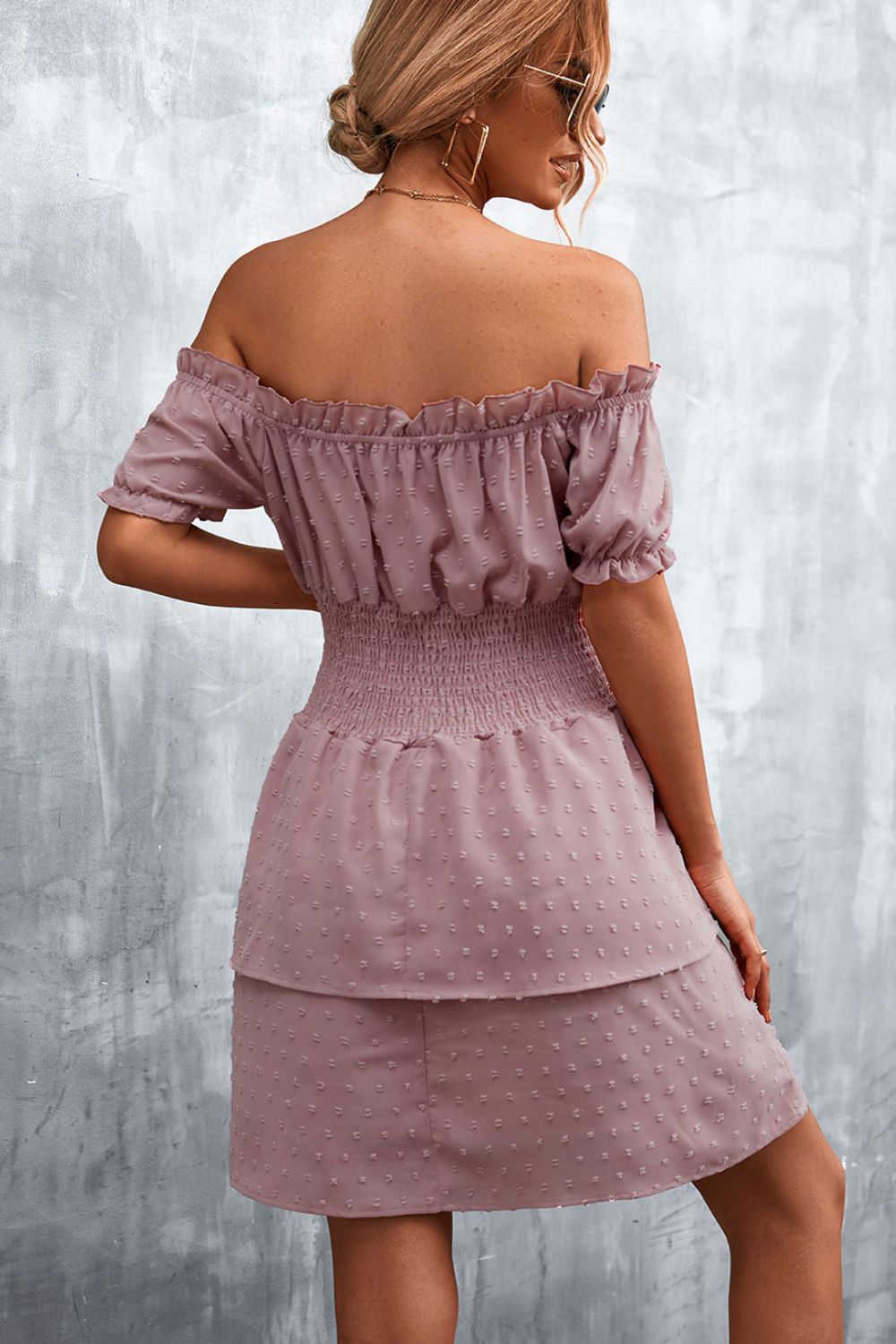 Swiss Dot Layered Off-Shoulder Smocked Dress