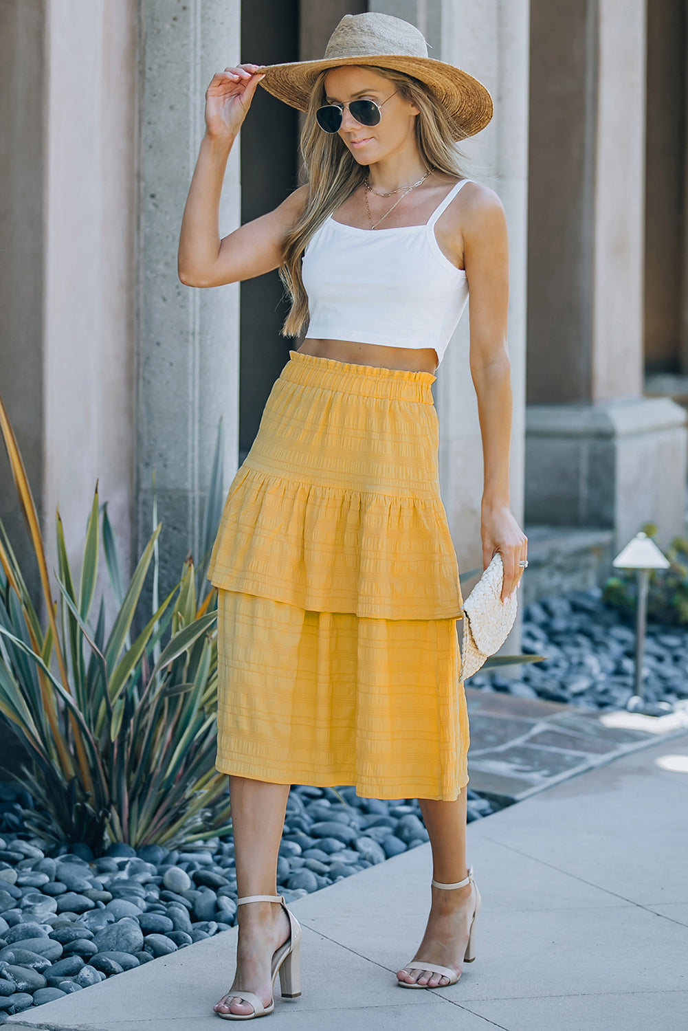 Textured Elastic Waist Layered Midi Skirt