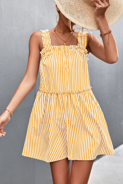 Striped Frill Trim Square Neck Dress