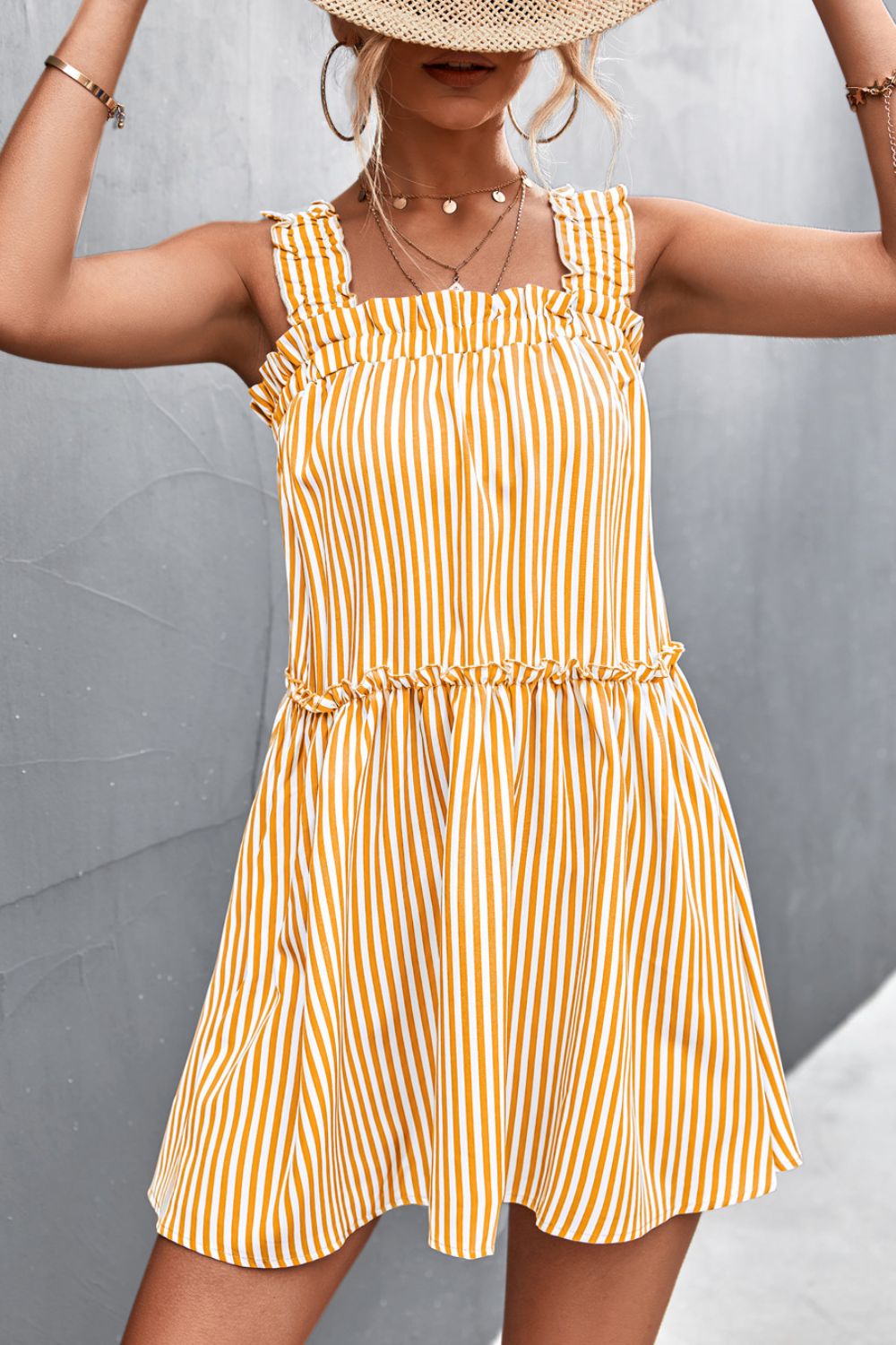 Striped Frill Trim Square Neck Dress