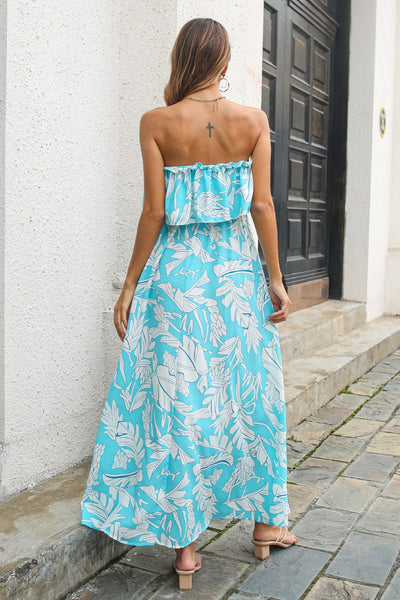 Printed Frill Trim Layered Strapless Maxi Dress