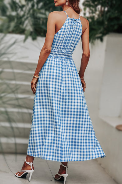 Plaid Smocked Tie Back Sleeveless Midi Dress