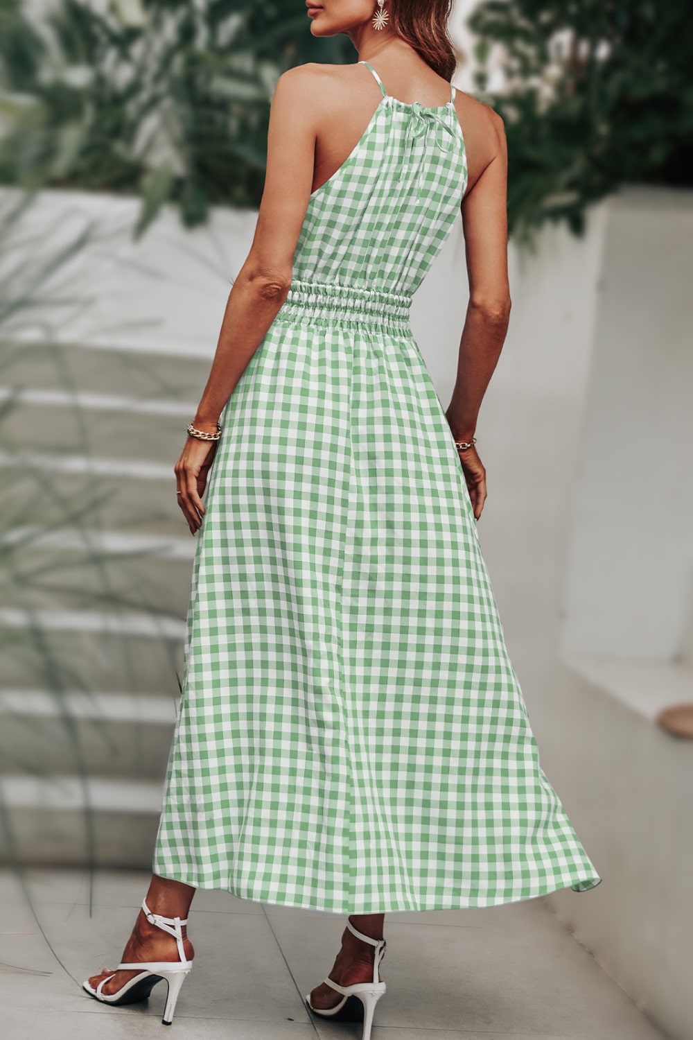 Plaid Smocked Tie Back Sleeveless Midi Dress