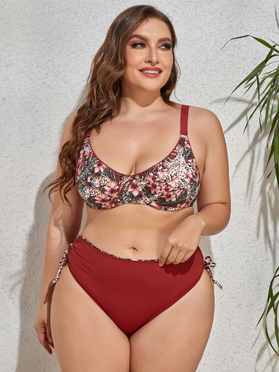 Plus Size Printed V-Neck Drawstring Bikini Set