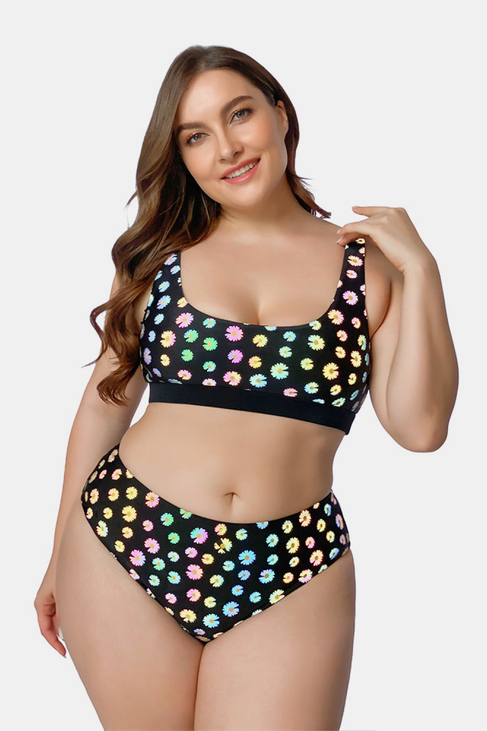 Plus Size Daisy Print Color-Changing Scoop Neck Bikini Set