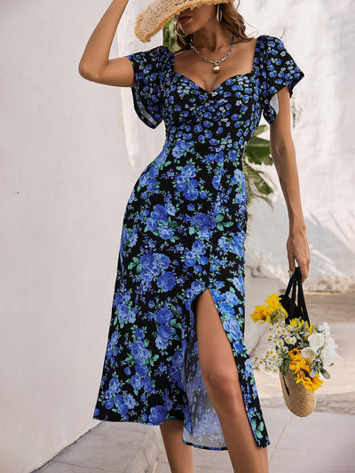 Floral Flutter Sleeve Slit Hem Midi Dress