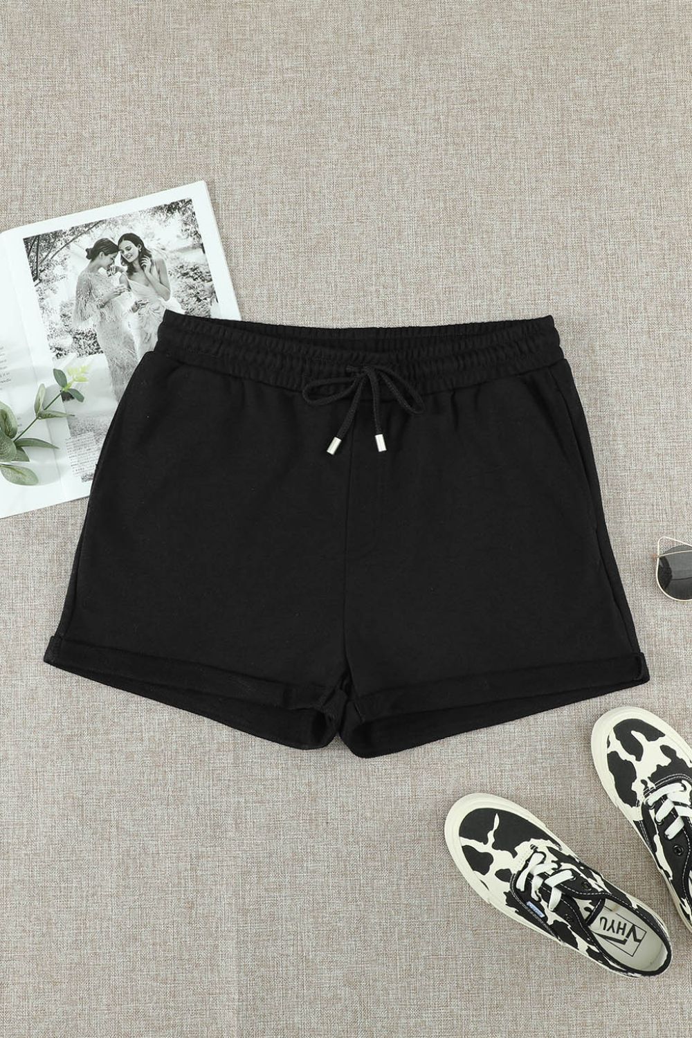 Drawstring Cuffed Shorts with Pockets