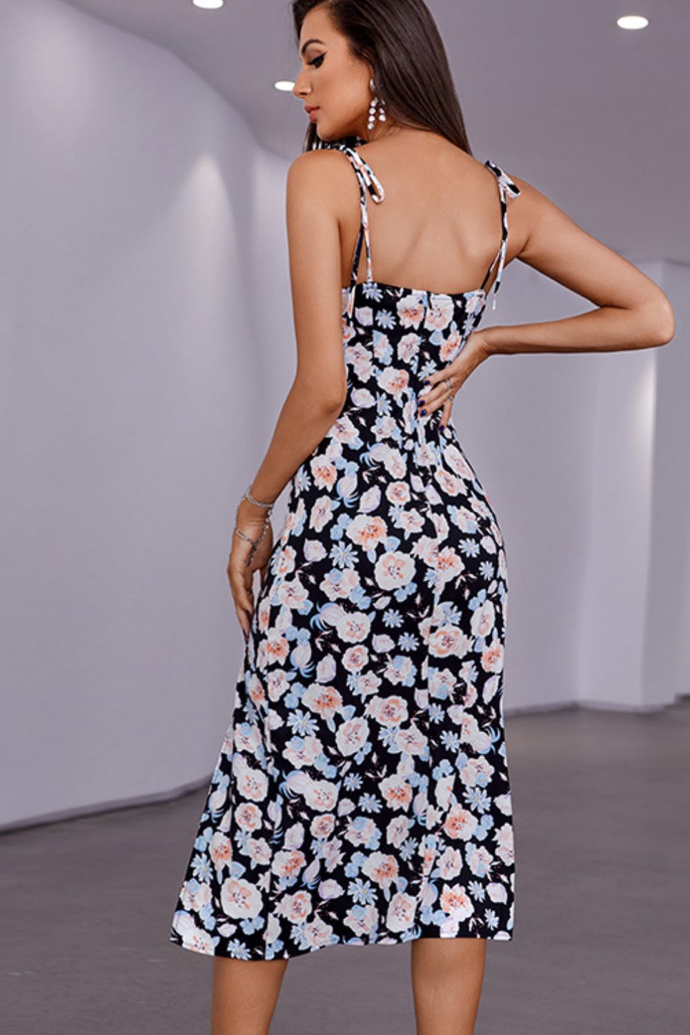 Floral Print Tie-Shoulder Split Midi Dress