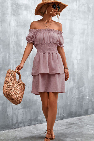 Swiss Dot Layered Off-Shoulder Smocked Dress