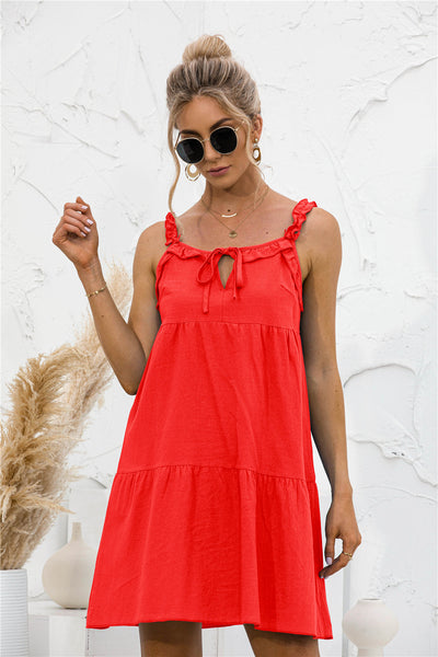 Solid Ruffle Hem Tie Neck Dress