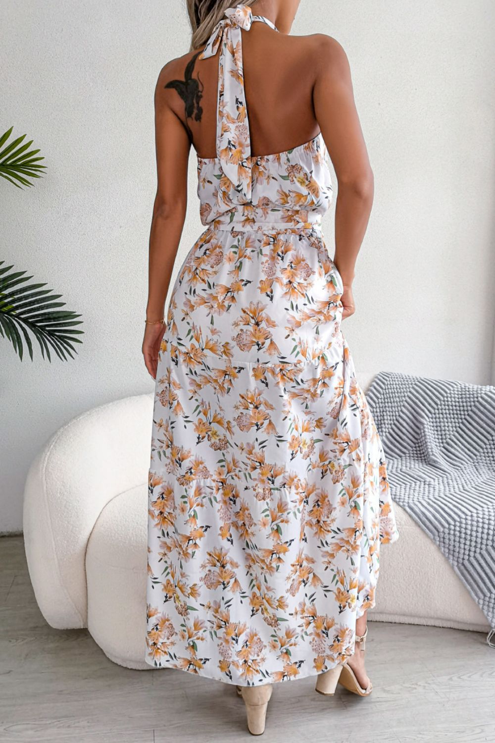 Floral Tie Waist Backless Maxi Dress