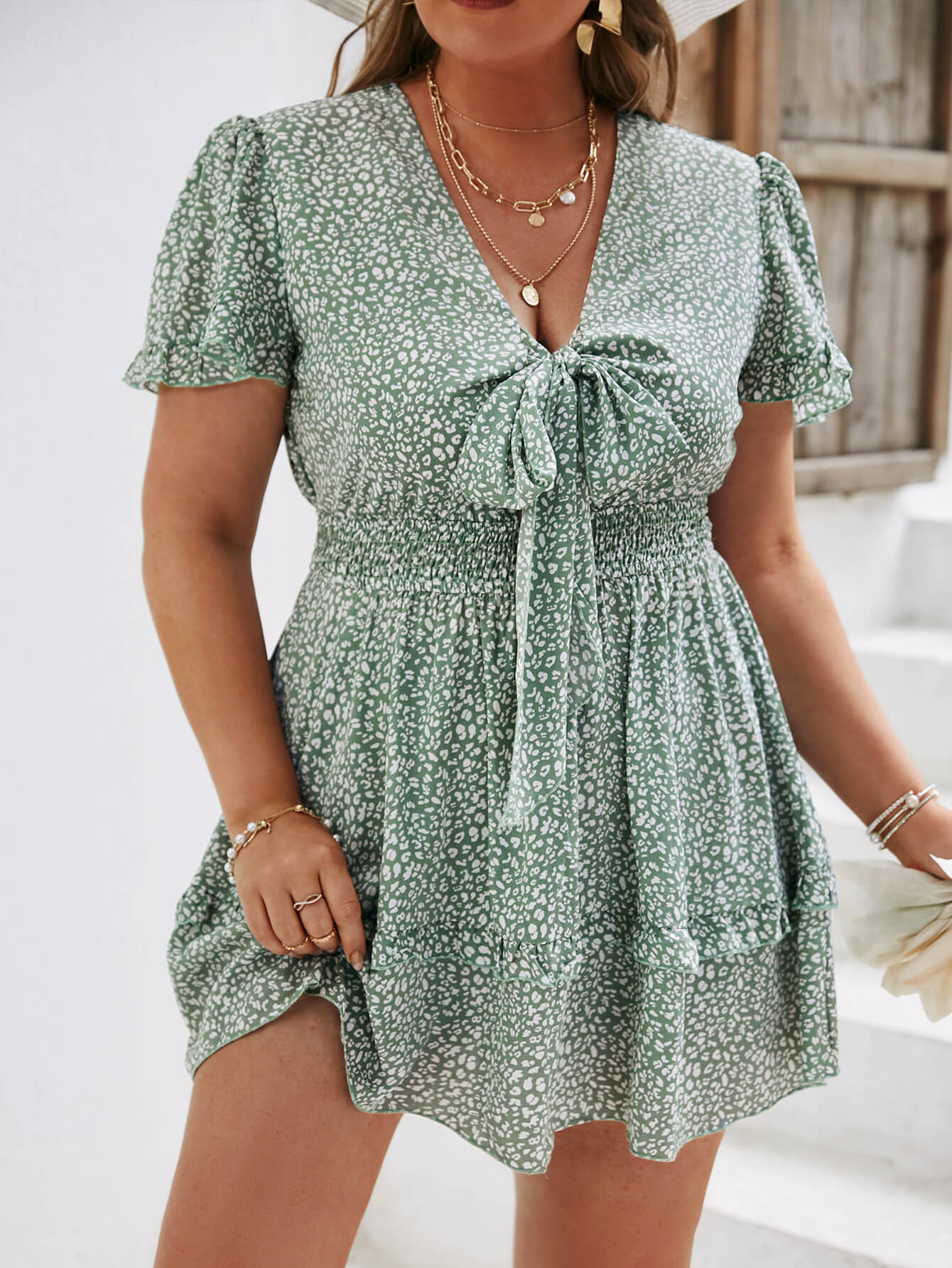 Plus Size Tie Front Flutter Sleeve Mini Dress