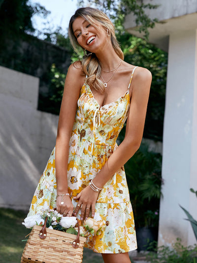 Floral Spaghetti Strap Tie Detail Tiered Dress