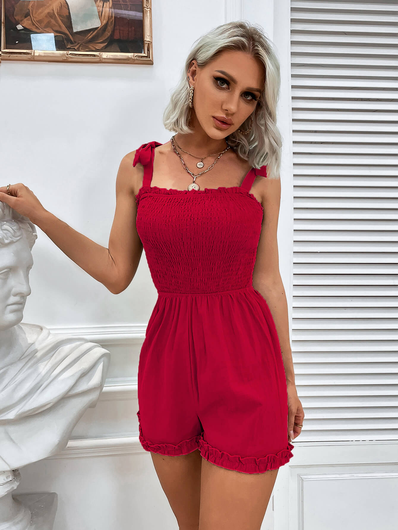 Smocked Frill Trim Tie-Shoulder Romper