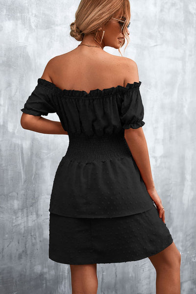 Swiss Dot Layered Off-Shoulder Smocked Dress