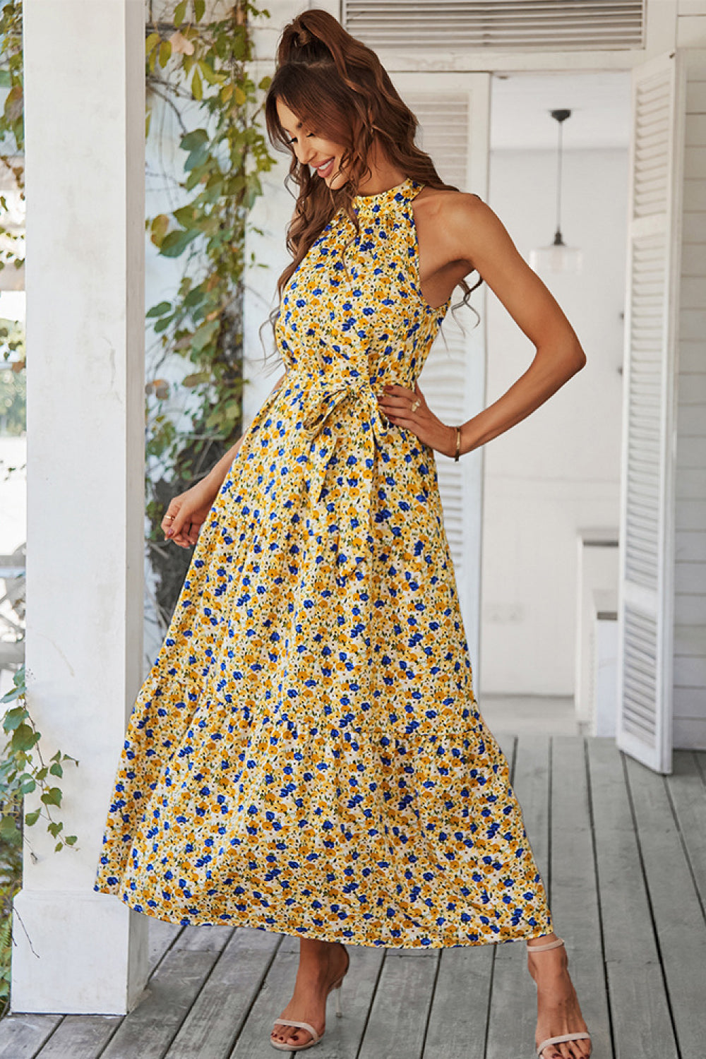 Floral Tiered Grecian Midi Dress