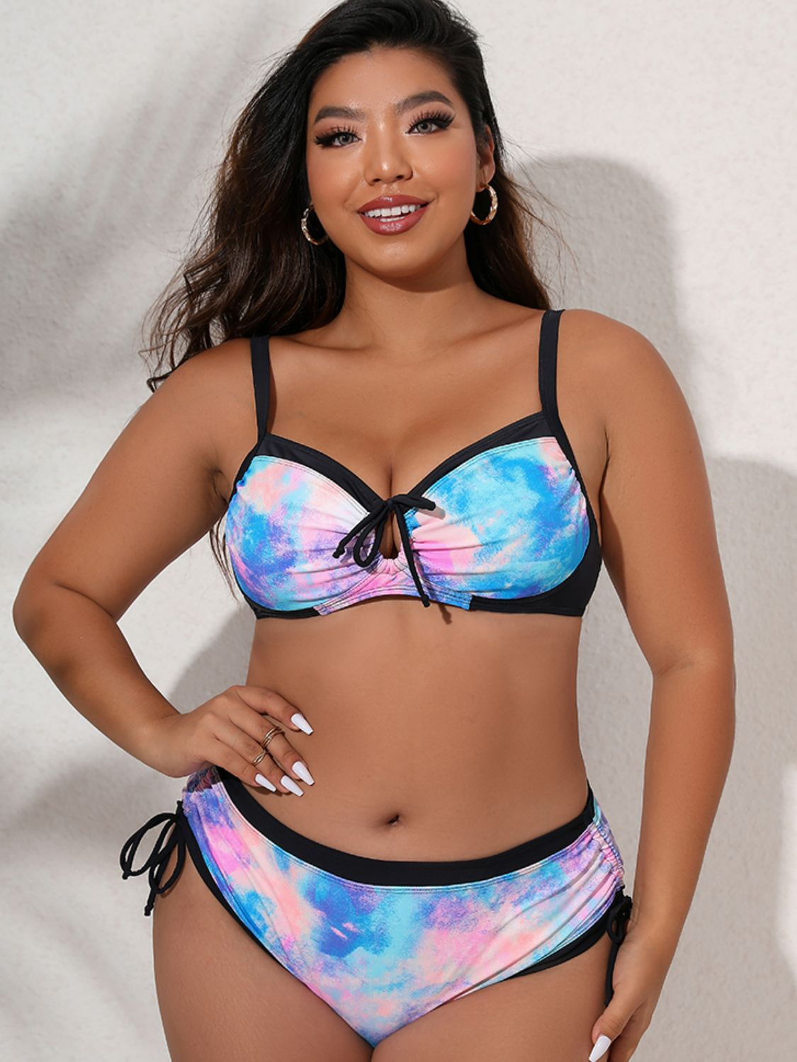 Plus Size Tie-Dye Tied Contrast Trim Bikini Set