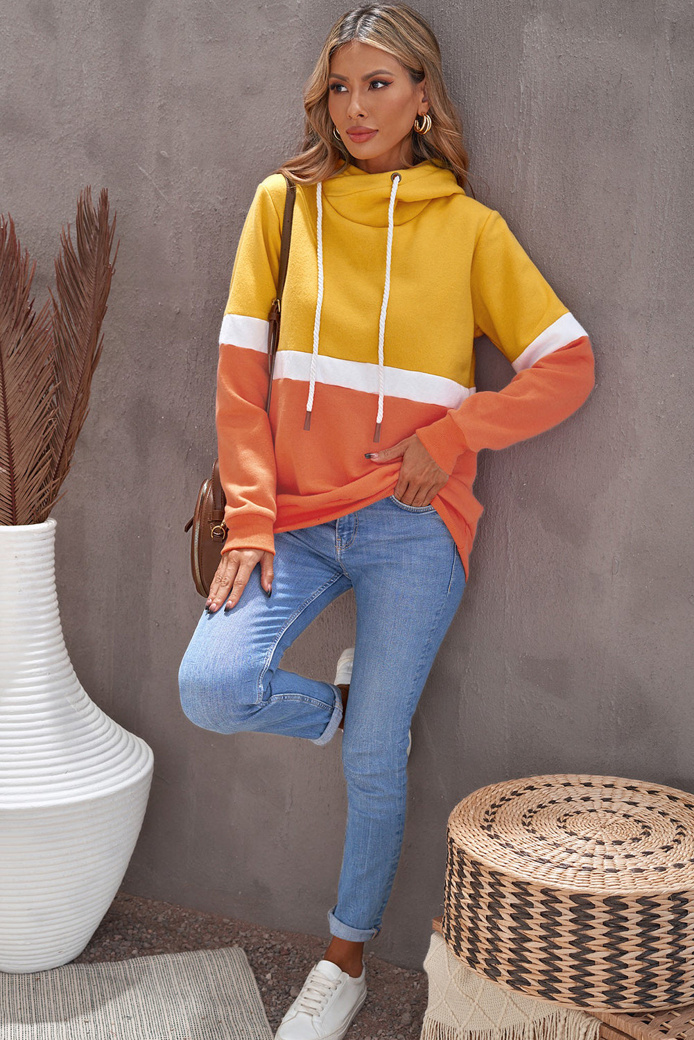 Color Block Cowl Neck Drawstring Hoodie