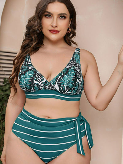 Full Size Botanical Print Striped Bikini Set