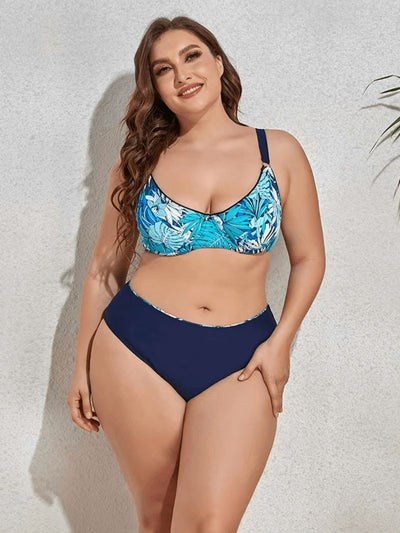 Plus Size Printed V-Neck Drawstring Bikini Set