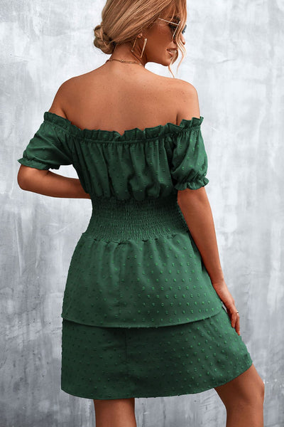 Swiss Dot Layered Off-Shoulder Smocked Dress