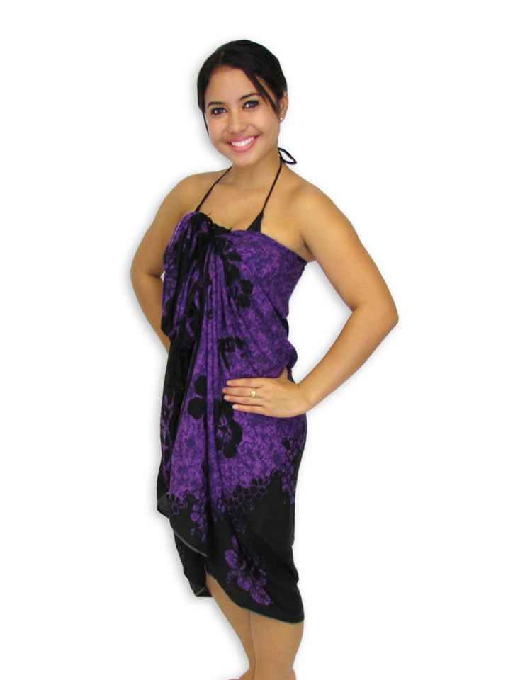 Black-Purple Hibiscus Sarong Beach Cover-Up