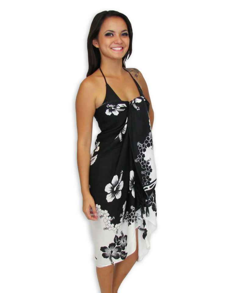 Black-White Hibiscus Sarong Beach Cover-Up