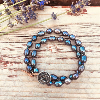 Mermaid Soul - Pearl and Leather Wrap Bracelet with Mermaid Button