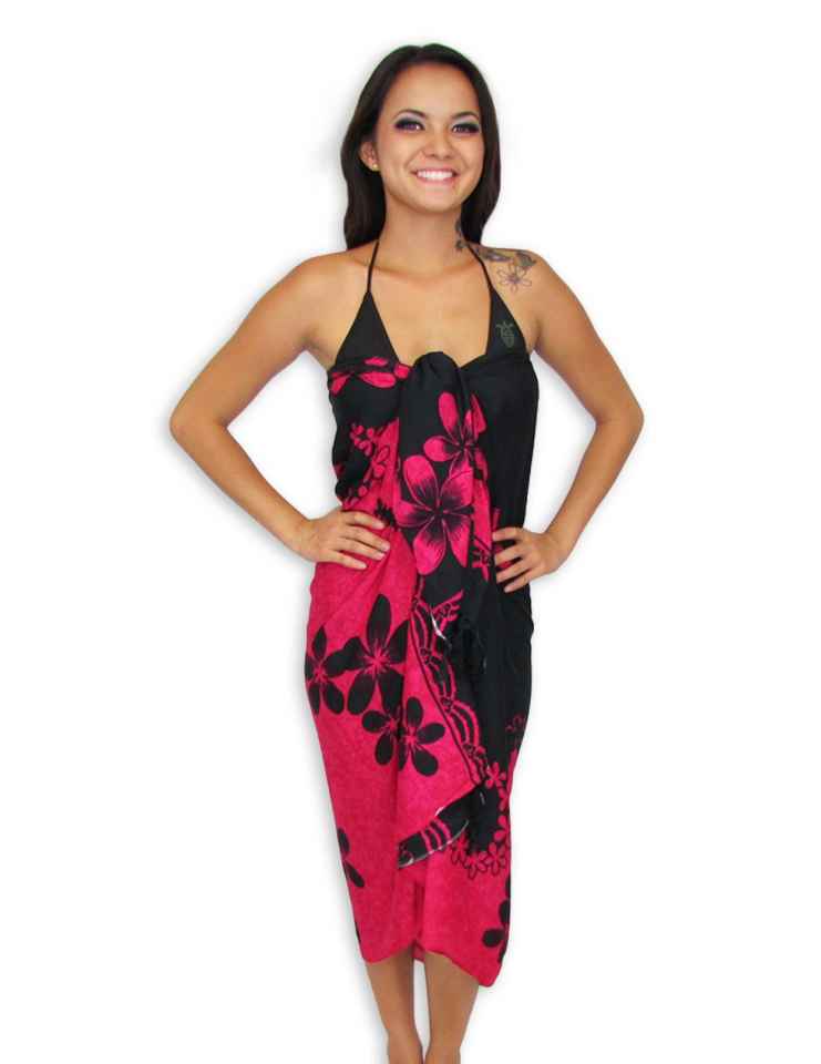 Sarong Pareo Cover Up Plumeria Black-Hot Pink