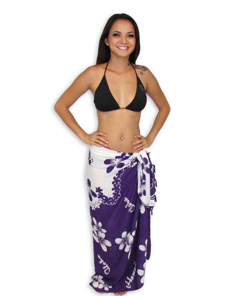 Sarong Pareo Cover Up Island Plumeria Flowers White-Purple