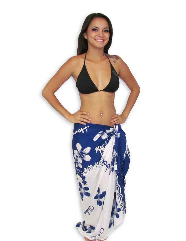 White-Navy Beach Sarong Cover-Up Plumerias