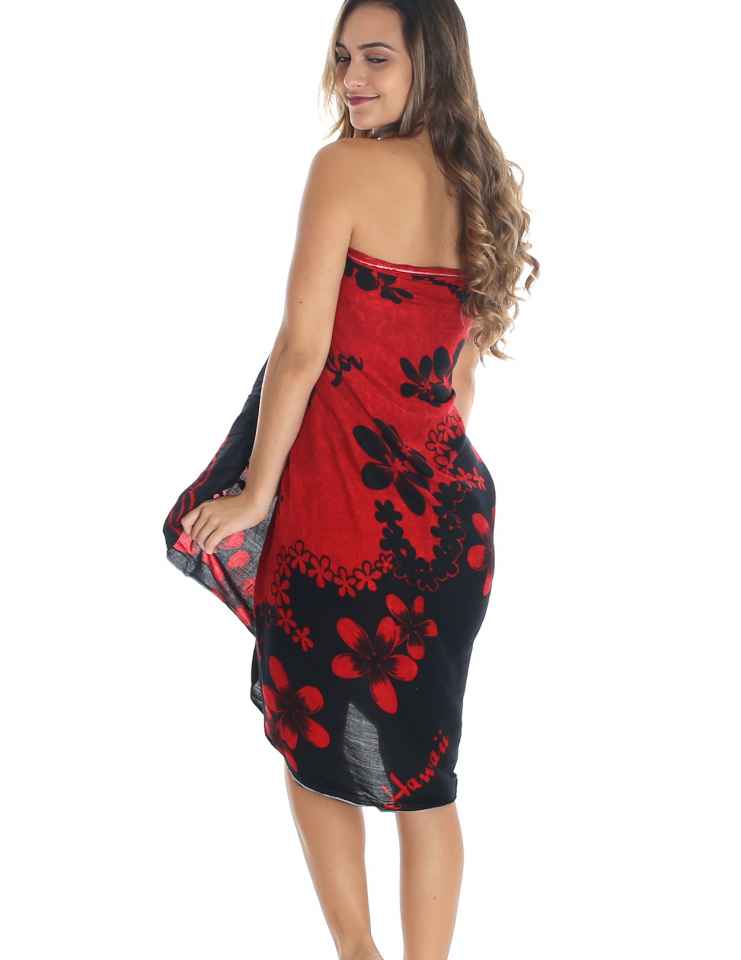 Black and Red Plumeria Flower Sarong Pareo Cover Up