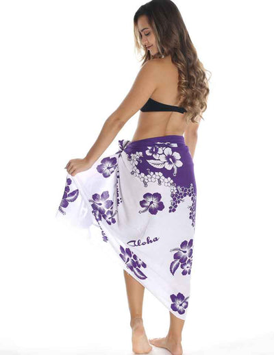 White and Purple Hibiscus Flower Sarong Pareo Cover Up